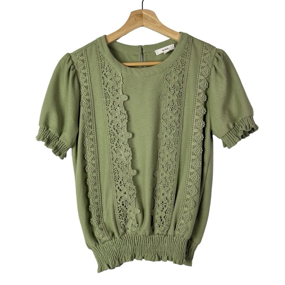 Mine Olive Green Lace Embroidered Smocked Waist Short Sleeve S‎